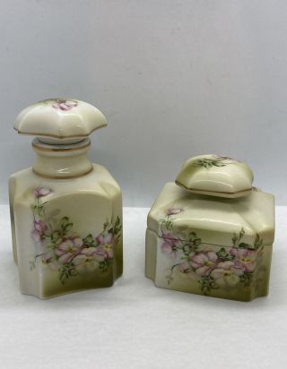 Vintage Japan Nippon Hand Painted Dresser Set Perfume Bottle & Powder Jar / RARE 2
