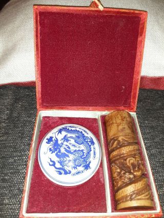 Vintage Chinese Wax Seal Stamp Set Porcelain Fabric Box Carved Stone Oriental