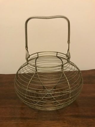 Vintage Antique Primitive Footed Metal Wire Egg Basket With Handle
