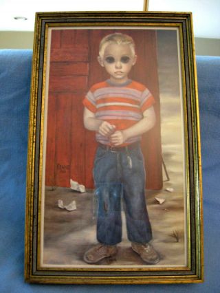 Vintage Framed Walter Margaret Keane Big Eyes Striped Shirt Blond Boy 1960 Rare