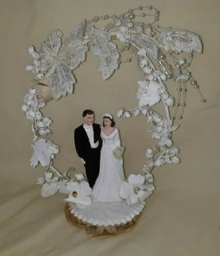 Vintage Wedding Cake Topper Chalkware Bride & Groom Silk Flowers $12.  99