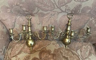 Vintage 3 Candle Brass Globe Wall Sconces Candelabra Style