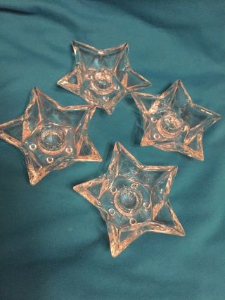 Set Of 4 Vintage Clear Pressed Glass Star Shaped Tapered Candle Holders 4 - 1/2 "