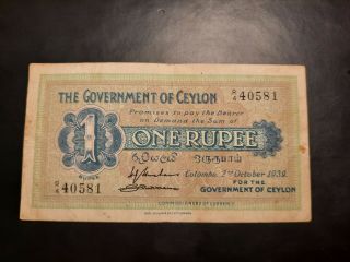 Rare 02.  10.  1939 / The Government Of Ceylon / 1 Rupee / Banknote / No.  R440581