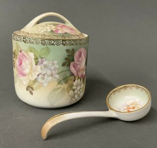 Antique R & S Tillowitz Silesia Rose Floral Mustard Mayonnaise Pot W/ Ladle