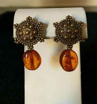 Vintage Stephen Dweck Sterling Antique Inspired Amber Drop Earrings Clip Ons