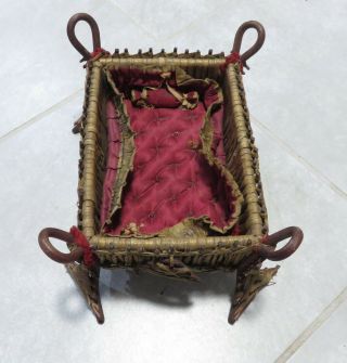 Antique Handmade Woven Grass/straw Doll Bed Crib With Satin Pillows & Pad