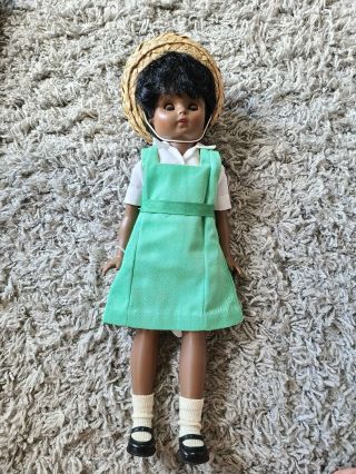 Vintage African American Doll With Green Dress & Straw Hat With Open/clothes Eye
