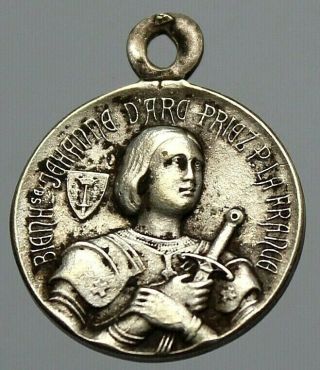 Antique Silver Religious Art Pendant Saint Joan Of Arc In Armor & Its Sword 1909