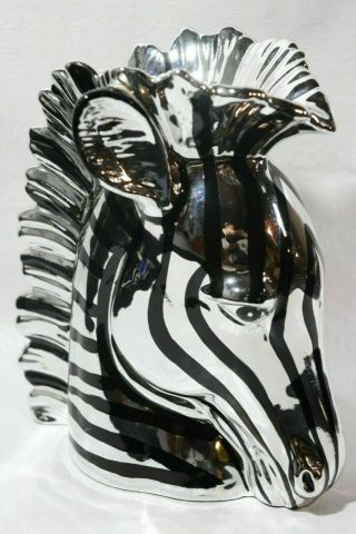 Rare Fitz & Floyd Ff Silver Ceramic Zebra Head Planter Vase Animal African