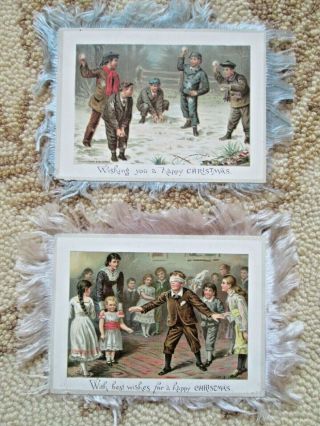 2 Antique Victorian Christmas Cards With Silk Fringe 1880 