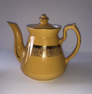 Vintage Hall Pottery Philadelphia Style Mustard Yellow Teapot With Gold Trim