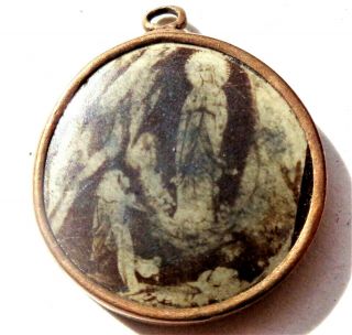 Our Lady Of Lourdes - Rare Antique Sepia Picture Prints Medal Pendant