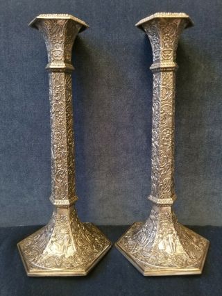 Pr Of 12 " Tall Antique Derby Co.  Dutch Repousse Silver Plate Candlesticks