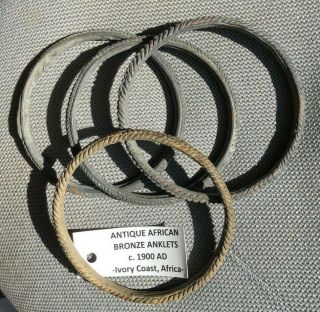 4 Antique African Bronze Ankle Bracelets Anklets C.  1900 Ad Ivory Coast