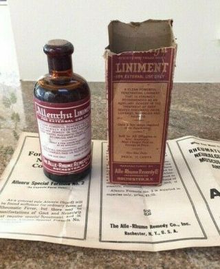 Antique Vintage Allenrhu Liniment Bottle Box Contents Leaflet Alle Rhume Remedy