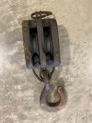 Antique Vintage Double Wood Block & Tackle Pulley W/ Hook - Block Pulley