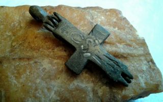 RARE ANTIQUE VIKING - AGE c.  10 - 13th CENT.  LARGE RELIQUARY CROSS with SILVER NIELLO 2