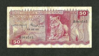 Rwanda - Burundi 50 Francs 1960 Pick - 4 (prefix B) Rare F - Vf