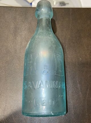 Antique Embossed Aqua,  Glass Blob Top,  Soda Bottle,  H&d Savannah Geo - Rare