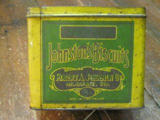 Antique Vtg Johnstons Biscuits Tin Metal Box Container Usa Old Charm Soda Robert