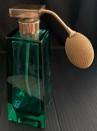 Rare Vintage Emerald Green Crystal Perfume Bottle W/ Atomizer Art Deco 6.  5 In
