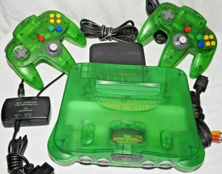 Rare Nintendo 64 N64 Jungle Green Clear Console Bundle W 2 Oem Green Controllers