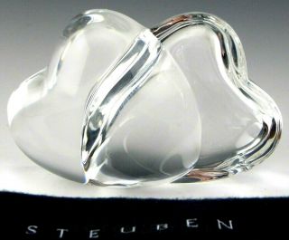Steuben Art Glass Crystal Figurine Paperweight In Love Double Heart Pouch Rare