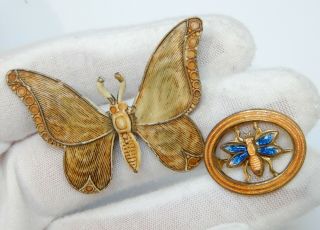 2 Antique Art Deco Brooch Pins Enamel Butterfly & Moth