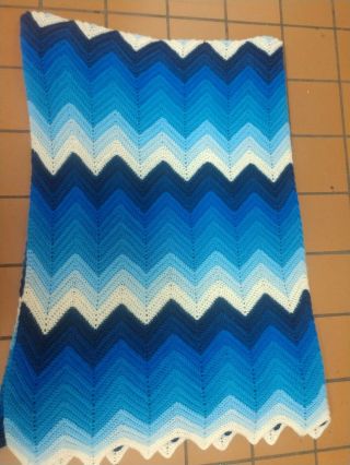 Handmade Crochet Knit Blanket Large Afghan Blue Wavy Pattern 84 " X 60 " Vintage