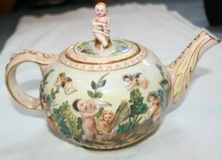 Vintage Antique Capodimonte Porcelain Relief Nudes Cherubs Angels Teapot Italy