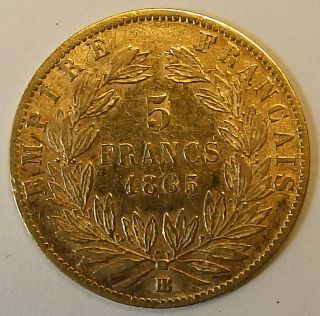 France French Napoleon Iii 5 Francs Gold 1865 Bb Strasbourg Rare