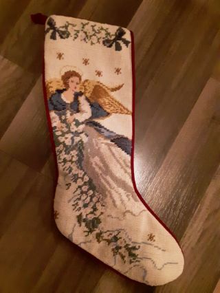Vintage Handmade Needlepoint Embroidered Christmas Stocking Angel Velvet Wool