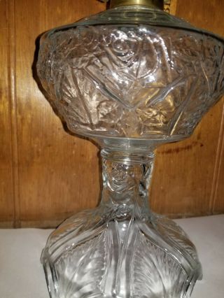 Rare Antique Embossed Rose Glass Kerosene Oil Lamp In