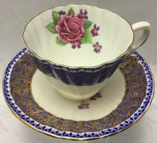 Vintg Gladstone Cup Saucer Set Cobalt Blue And Heavy Gold Gilt With Cabbage Rose