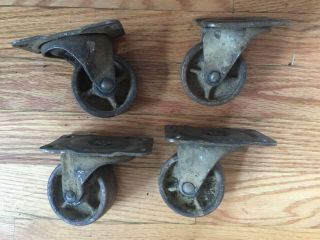 Set Of 4 Vintage/antique Steel Swivel Casters On 2 3/4 " X 3 3/4 " Metal Plates