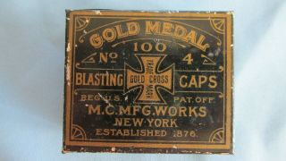 Rare Metallic Cap Mfg Gold Medal No 4 Strength Blasting Cap Tin - 1908 - 1920