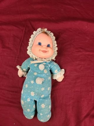 Vintage Blue And White Plush Baby Doll With Rubber Face Bean Filled Happy Baby