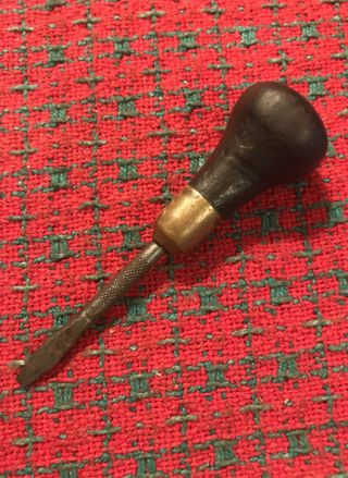 Antique Small Wood Handle Screwdriver Knurling Metal Brass.