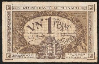 Rare Series Principaute De Monaco 1 Franc 1920 P:4a F