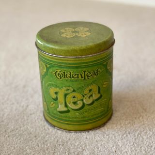 Vintage Golden Leaf Brand Green Tin Canister Tea Container With Lid