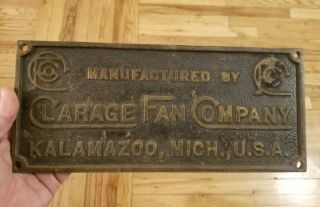 Rare Antique Solid Brass Sign Plaque Clarage Fan Company Kalamazoo Michigan Usa