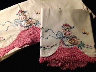 2 Antique/vintage Hand Embroidered Pillow Cases 28 " X 20 " - Girl Themed