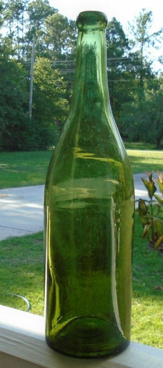 Empty Antique Green Glass Wine Bottle 11 1/2 Inches Tall No Chips Or Cracks