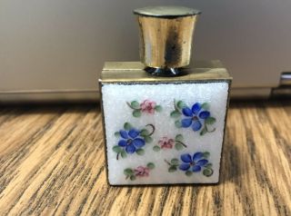 Vintage Antique Mini Perfume Bottle Gold Metal Porcelain Insert Pink/blue Flower
