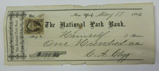 Antique 1866 Cancelled Check National Park Bank York City Vtg Revenue Stamp