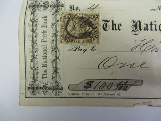 Antique 1866 Cancelled Check National Park Bank YORK CITY Vtg Revenue Stamp 3