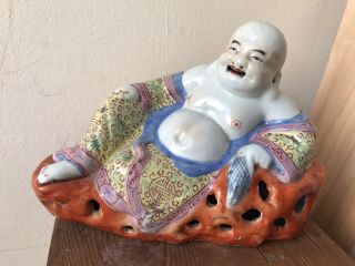 Rare Antique Chinese Famille Rose Jaune Porcelain Resting Buddha Statue