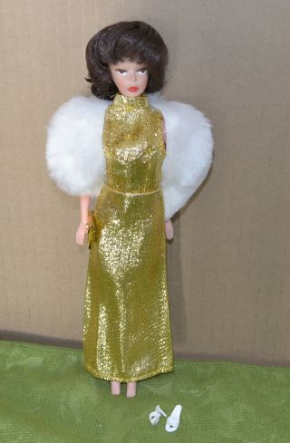 Vintage Barbie Clone Gold Long Evening Gown With Faux Fur Stole And White Shoes