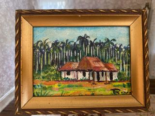 Vintage Miniature Dollhouse Artisan Oil Painting Palm Trees Tropical Estate Home